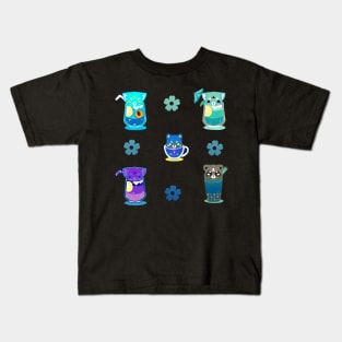 Cat boba tea cute kawaii drinks blue and turquoise Kids T-Shirt